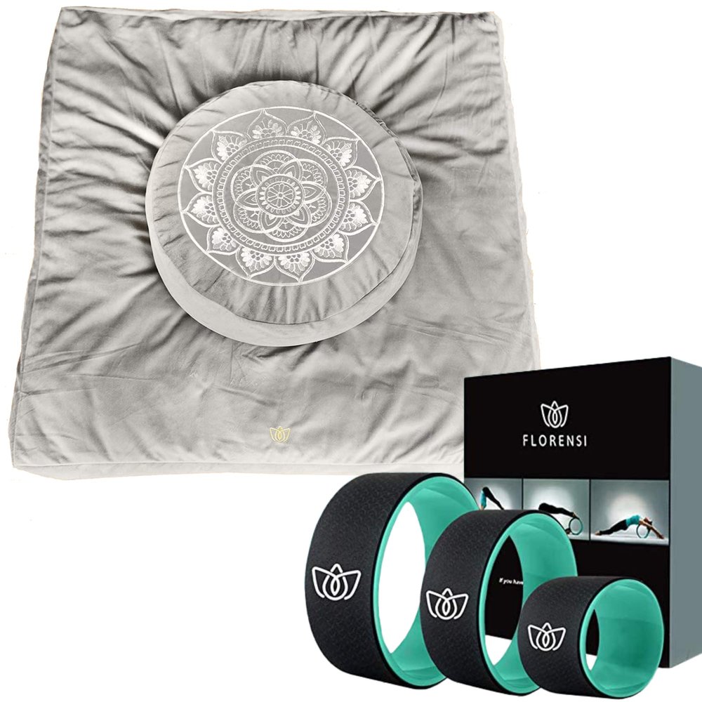 Florensi Yoga & Meditation Bundle | Grey Zabuton Meditation Mat, Grey Meditation Cushion & Yoga Wheel 3 Pack