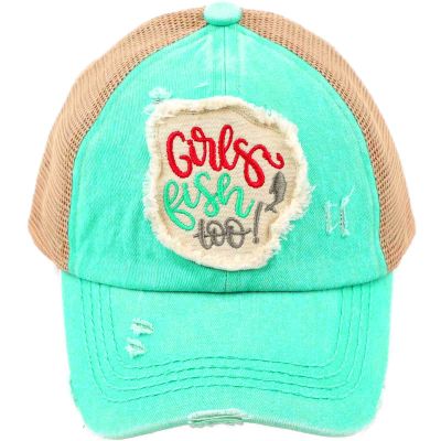 C.C Kids 2-5 Ponytail Messy Buns Ponycaps Baseball Visor Cap Hat (Criss Cross Distressed Girls Fish Too Mint)