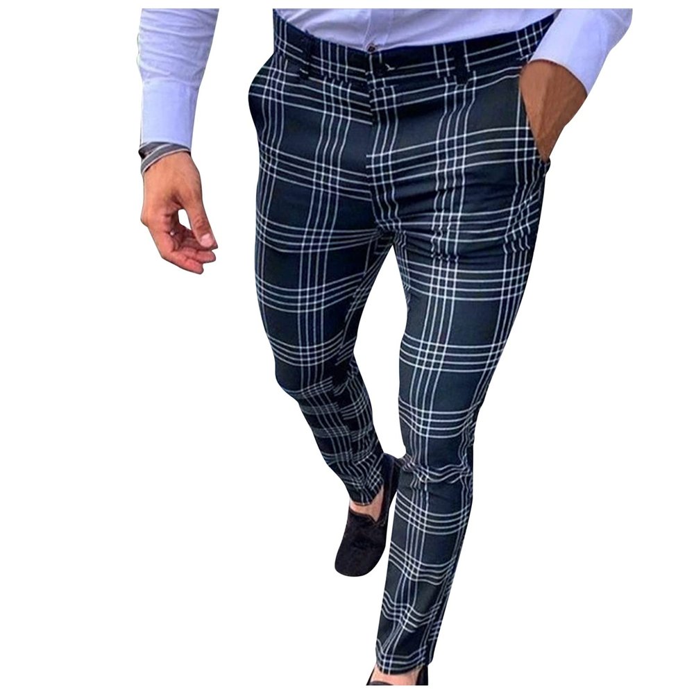 Men's Dress Suit Pants Slim Fit Striped Plaid Printed Flat-Front Stretch Pants Straight Business Skinny Pencil Trousers Navy
