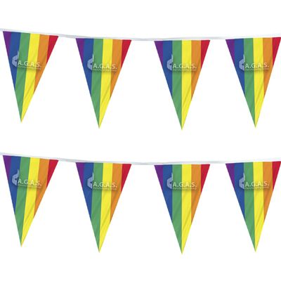 AGAS Flags 60ft Rainbow Colored String Pennant Pride Flags- Made of 5 mil Lightweight Plastic, 60ft with flags spaced 12" inches apart and attached at the top, Party Decoration.
