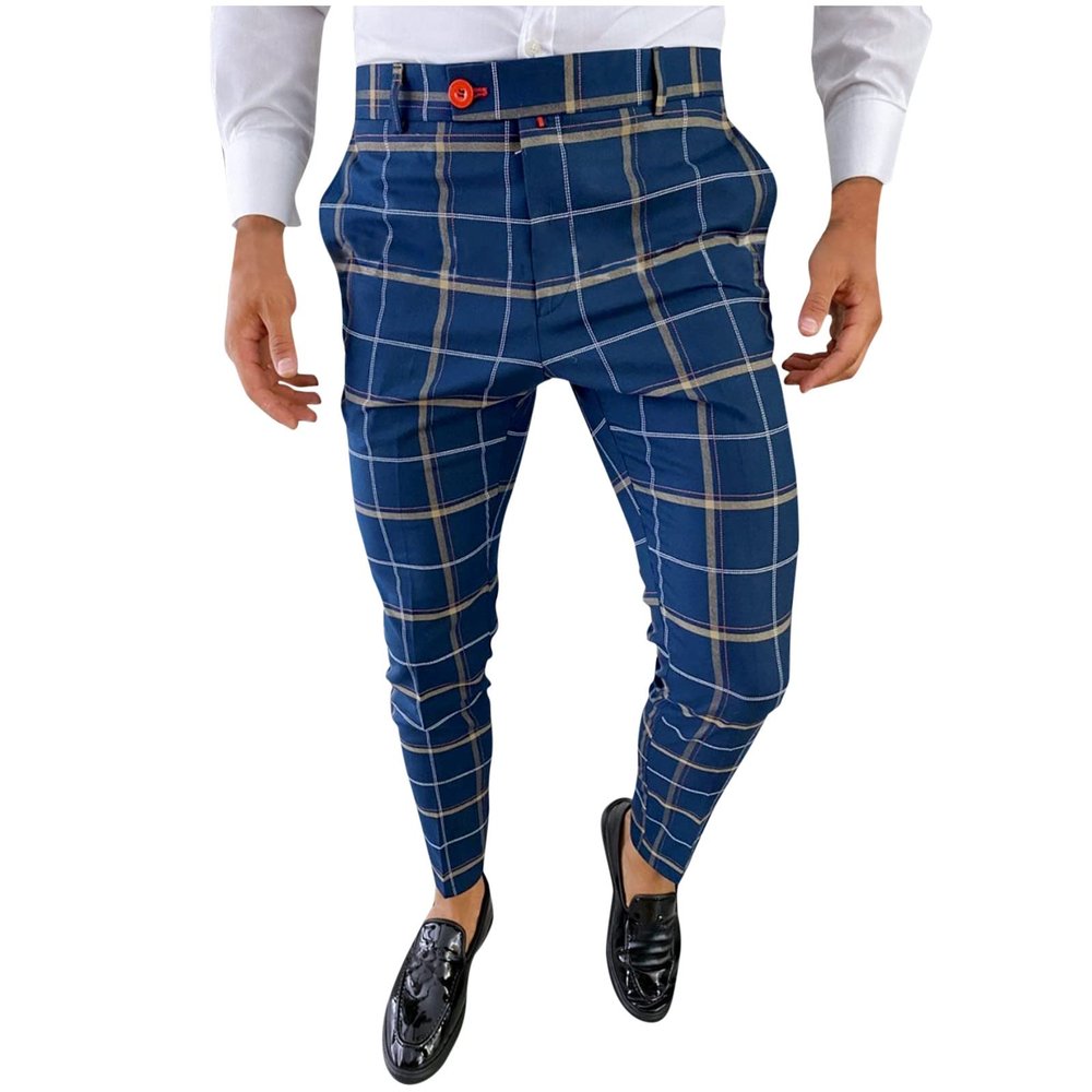 Slim Fit Plaid Pants for Men Casual Big & Tall Stretch Skinny Business Work Dress Pants Flat-Front Pocket Zipper Trouser Dark Blue