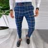 Slim Fit Plaid Pants for Men Casual Big & Tall Stretch Skinny Business Work Dress Pants Flat-Front Pocket Zipper Trouser Dark Blue view 2