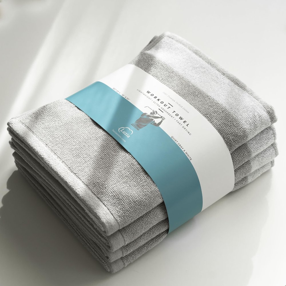 Luzia Striped Workout Towel for Sweat (Pack of 4) - Premium Quality 100% Turkish Cotton - Lightweight and Super Absorbent for Exercise, Sports, Workout, Fitness, Gym, Yoga, Running (Gray)