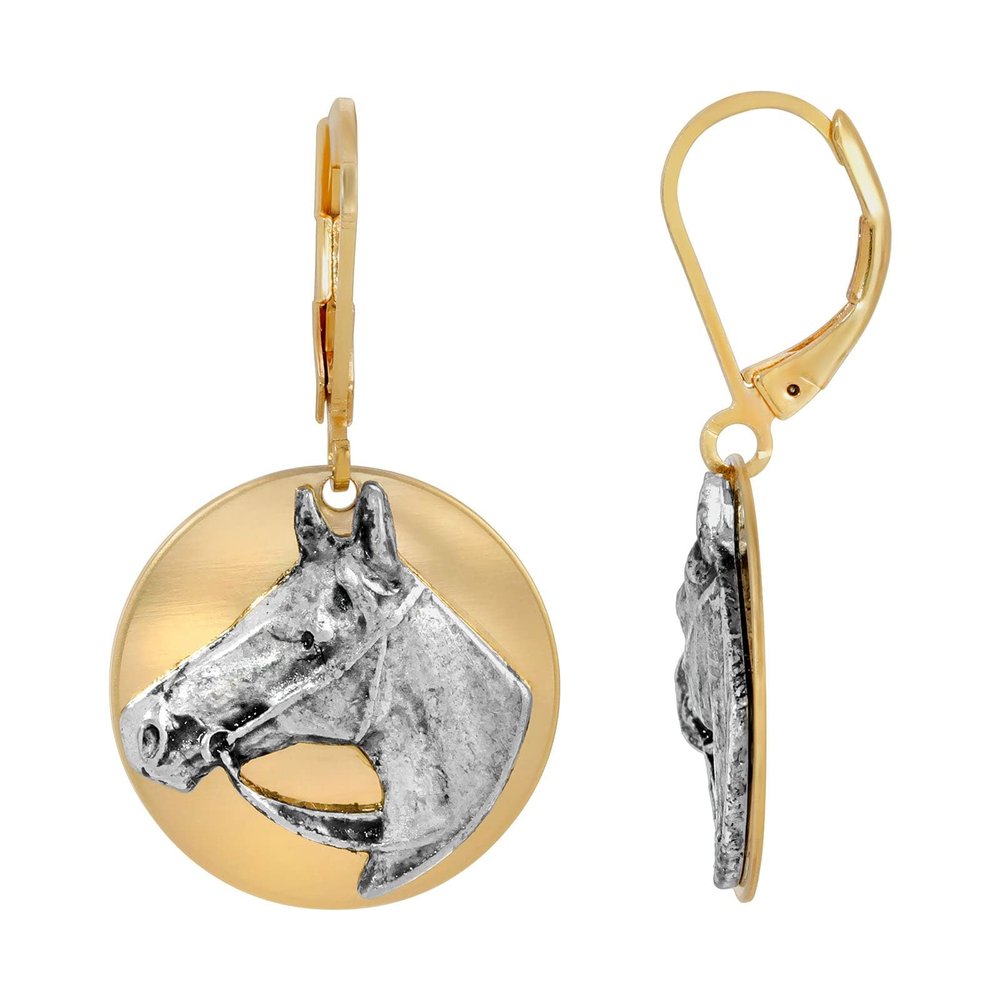 1928 Jewelry Round Gold Antiqued Horse Head Drop Earrings, Equestrian Jewellery For Women