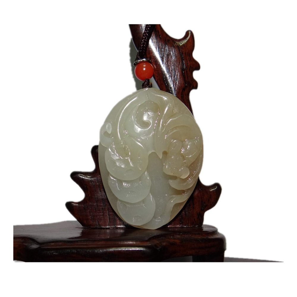 1.8" China Certified Nature Hetian Nephrite Jade Blessing Bat and Ancient Coin Hand Carved Necklace Pendant 4843