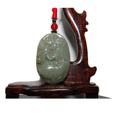 1.7" China Certified Nature Hetian Nephrite Jade Fortune Fish and Bat Hand Carved Necklace Pendant 4846