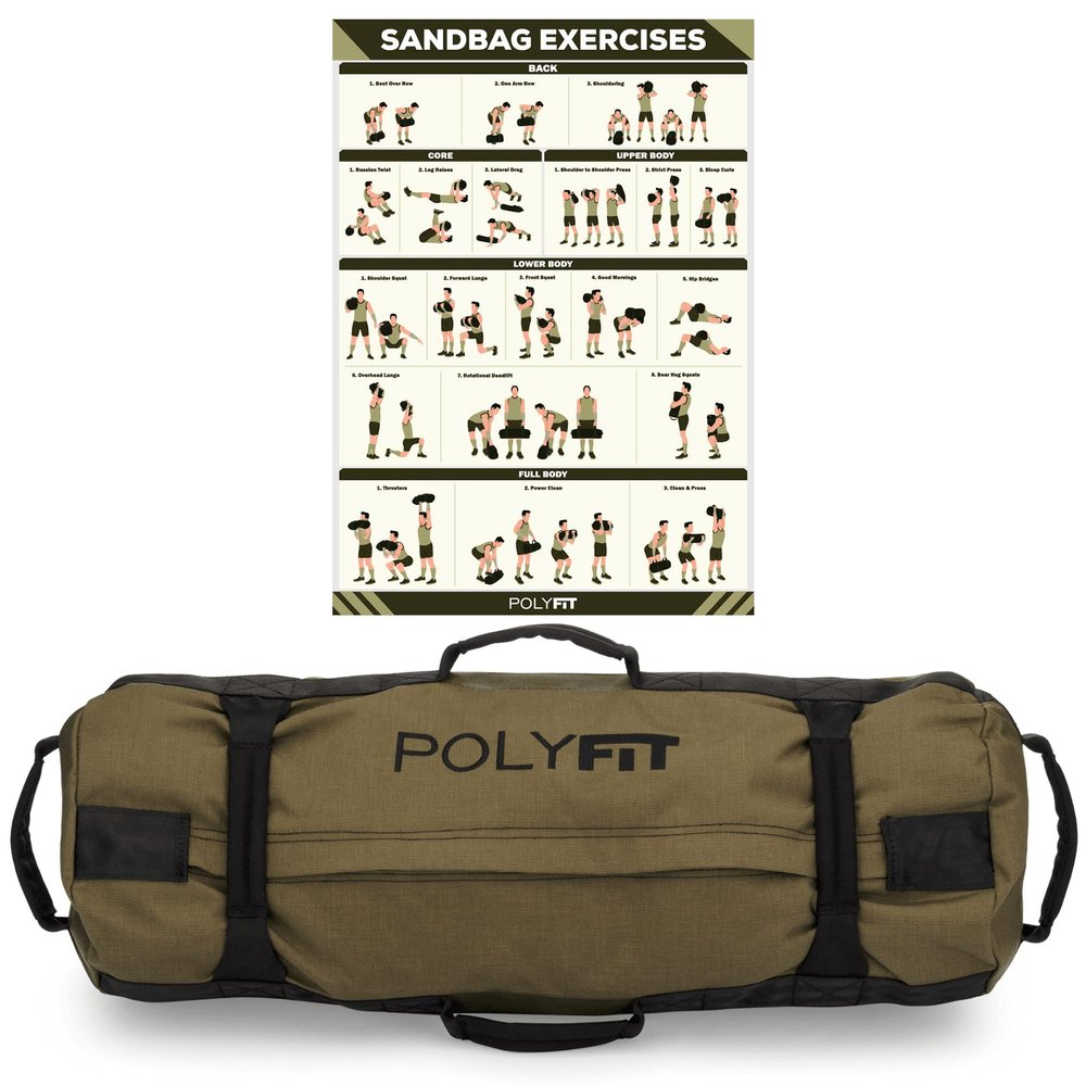 Polyfit Workout Sandbag for Fitness - Heavy Duty Sandbag Workout Bags with 8 Gripping Handles for Sand Bag Weight Training - Large (50lbs to 125lbs) - Green