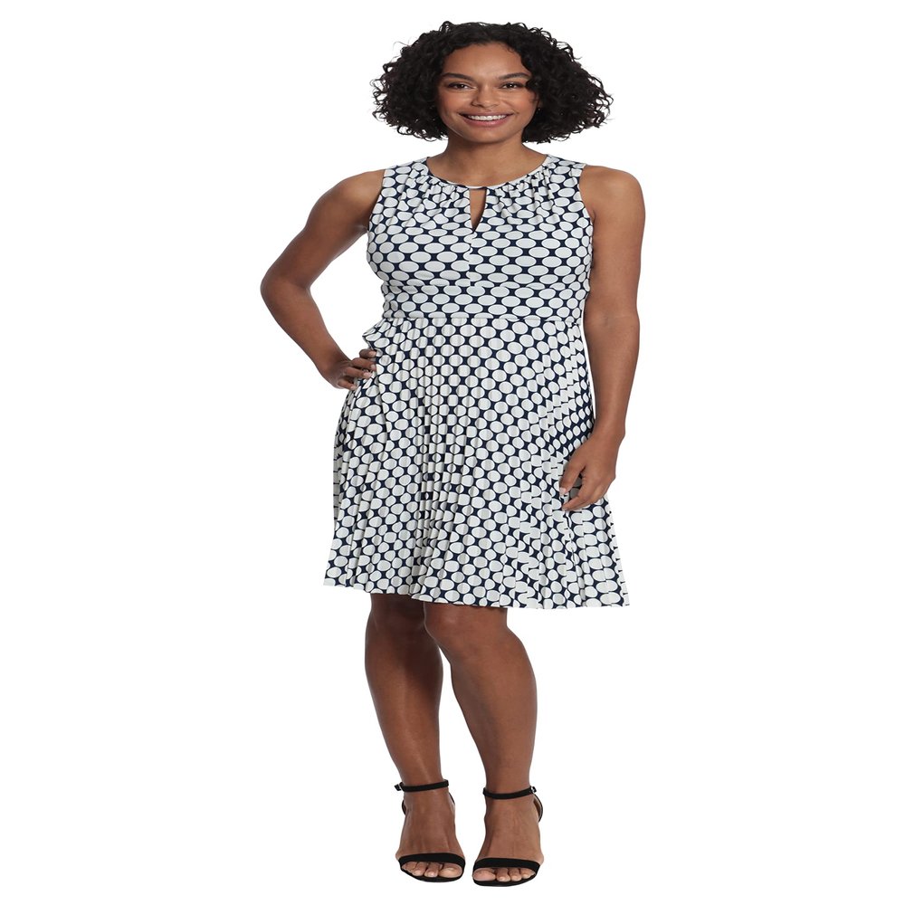 London Times Women's Sleeveless Keyhole Neck Polka Dot Dress with Pleated Skirt