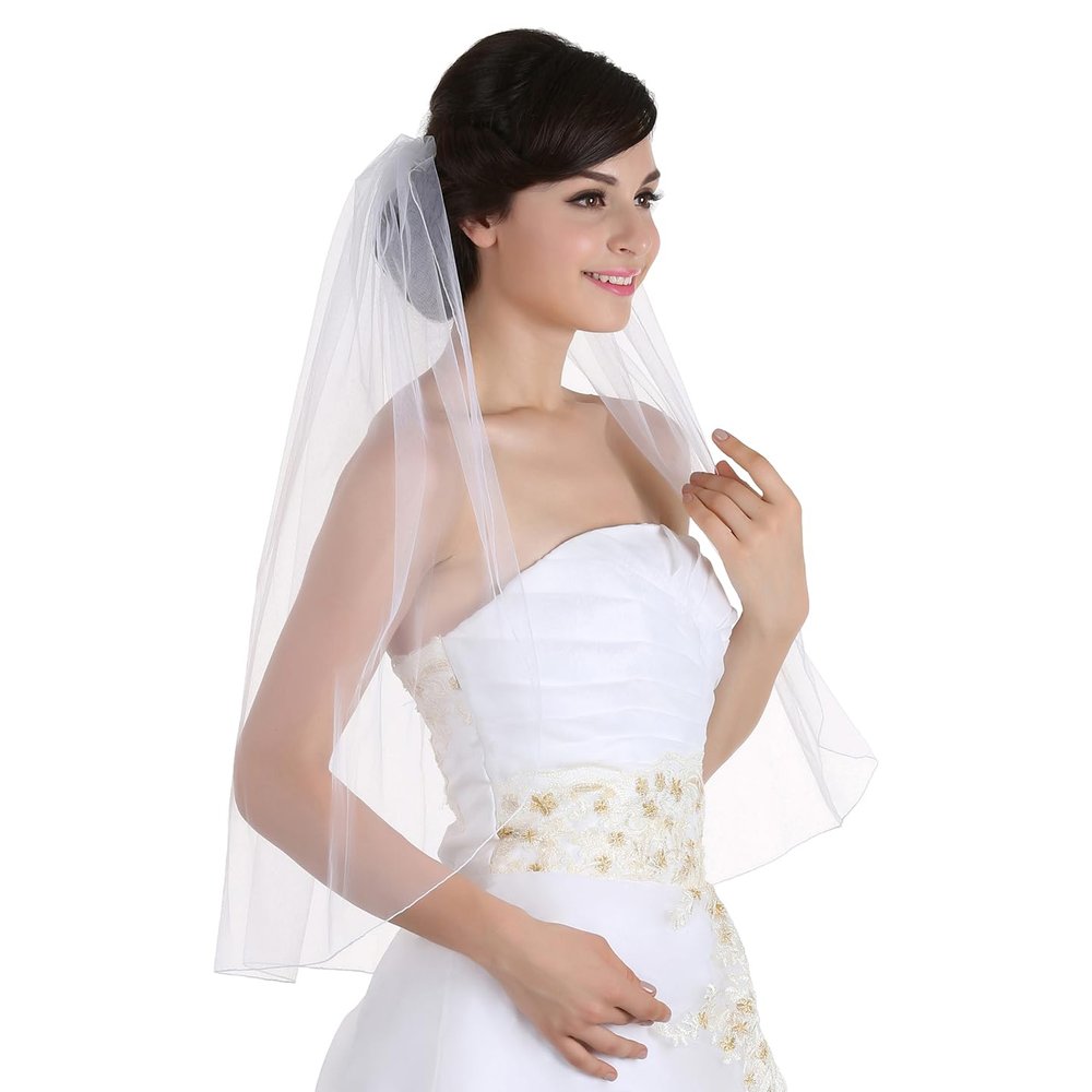 SAMKY 1T 1 Tier Pencil Edge Bridal Wedding Veil - White Knee Length 45" V654