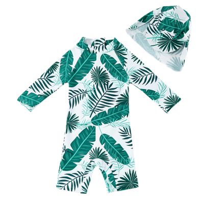 upandfast Baby/Toddler One Piece Zip Sunsuits with Sun Hat UPF 50+ Sun Protection Infant Beach Swimsuit (Leaf, 3-6 Months)