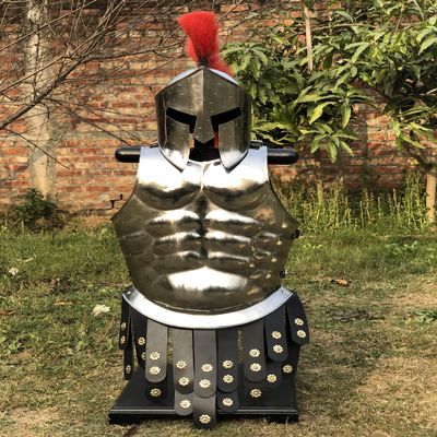 Nautical-Mart Medieval Roman King Leonidas 300 Spartan Helmet W/Red Plume + Muscle Body Armor Cuirass + Shield + Leg Or Arm Guard Silver Halloween Costume (Spartan Helmet w/Cuirass)