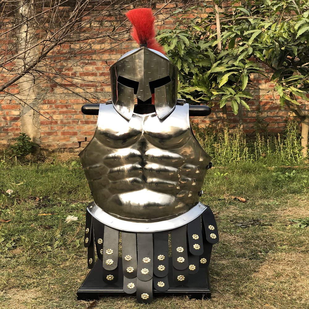 Nautical-Mart Medieval Roman King Leonidas 300 Spartan Helmet W/Red Plume + Muscle Body Armor Cuirass + Shield + Leg Or Arm Guard Silver Halloween Costume (Spartan Helmet w/Cuirass)