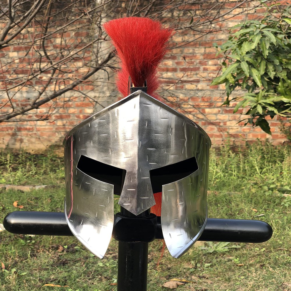 Nautical-Mart Medieval Roman King Leonidas 300 Spartan Helmet W/Red Plume + Muscle Body Armor Cuirass + Shield + Leg Or Arm Guard Silver Halloween Costume (Spartan Helmet)