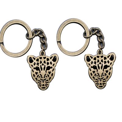2Pcs Hollow Leopard Head 28x26mm Pendant 30mm Key Ring Chain (ancient bronze)