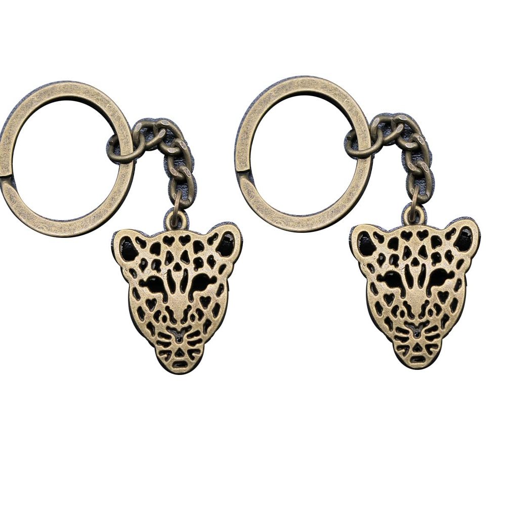2Pcs Hollow Leopard Head 28x26mm Pendant 30mm Key Ring Chain (ancient bronze)