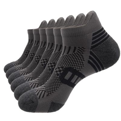 PEARL CARE Mens Dark Grey Athletic Running Ankle Socks Light Cushioned Tab Sports Low Cut Socks (6 Pack) /w Arch Compression Moisture-Wicking Breathable Soft Padded