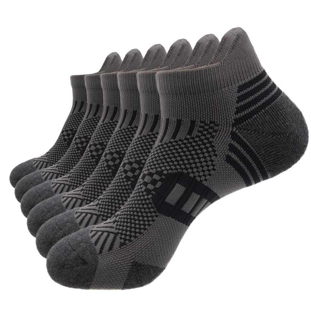 PEARL CARE Mens Dark Grey Athletic Running Ankle Socks Light Cushioned Tab Sports Low Cut Socks (6 Pack) /w Arch Compression Moisture-Wicking Breathable Soft Padded