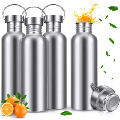 CHENGU 4 Pack Stainless Steel Water Bottles Single Wall 304 18/8 Water Bottle for Sports, Cyclists, Runners, Hikers(Silver,34 oz)