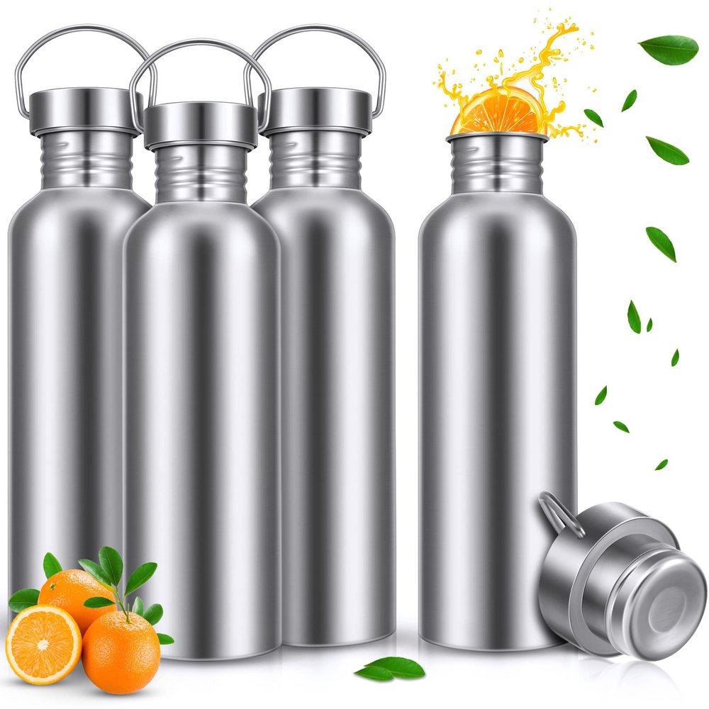 CHENGU 4 Pack Stainless Steel Water Bottles Single Wall 304 18/8 Water Bottle for Sports, Cyclists, Runners, Hikers(Silver,34 oz)