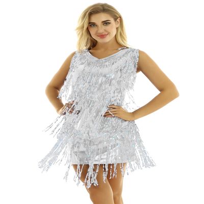 Linjinx Women's Sequins Tassels Flapper Dress Sexy 1920s Latin Tango Cha Cha Dancewear Silver Medium