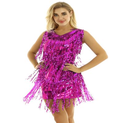 Linjinx Women's Sequins Tassels Flapper Dress Sexy 1920s Latin Tango Cha Cha Dancewear Rose X-Large