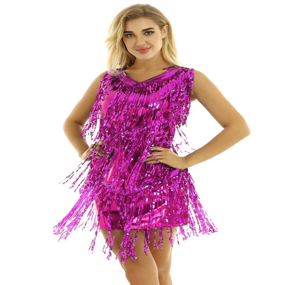 Linjinx Women's Sequins Tassels Flapper Dress Sexy 1920s Latin Tango Cha Cha Dancewear Rose X-Large