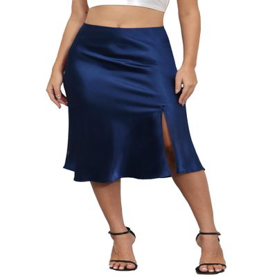 ALCEA ROSEA Womens Silky Satin Midi Skirt High Waist Elastic Waist A Line Flared Skirt with Slit (Navy, Large)