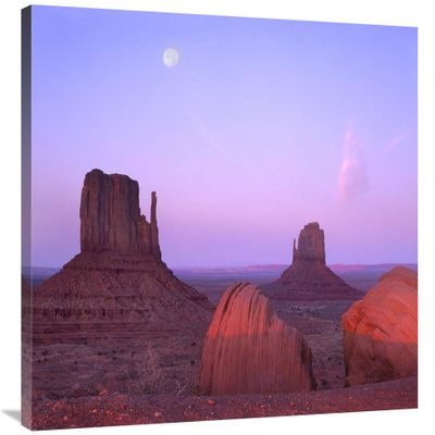 28 x 35 in. East & West Mittens, Buttes at Sunrise with Full Moon, Monument Valley, Arizona Art Print - Tim Fitzharris
