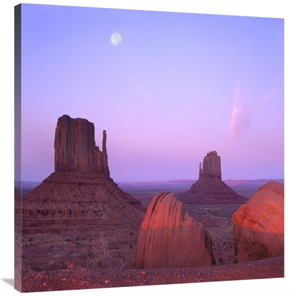 28 x 35 in. East & West Mittens, Buttes at Sunrise with Full Moon, Monument Valley, Arizona Art Print - Tim Fitzharris