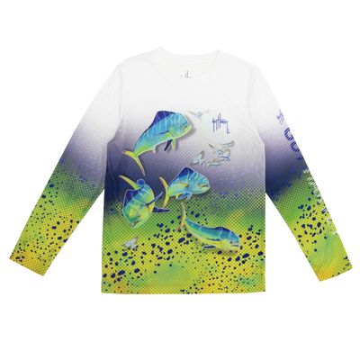 Guy Harvey Boy's Long Sleeve Performance Shirt with 30+ UPF Sun Protection, Bright White/Four Mahis, XX-Large