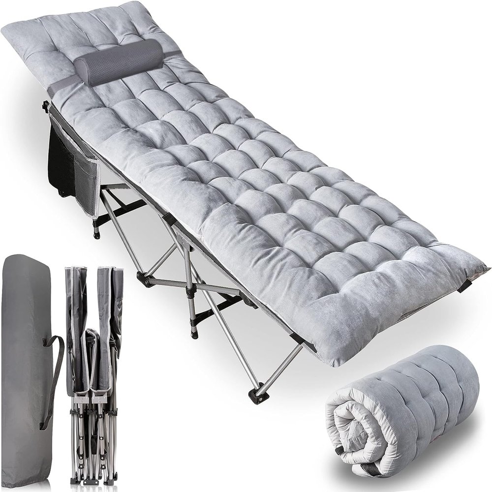 ZONETECH Outdoor Camping Travel Cot and Cot Pad - Foldable Classic Grey Quality Lightweight Portable Heavy Duty Adult & Kids Travel with Large Pocket and Cushion Perfect for Hiking, Camping (1-Pack)
