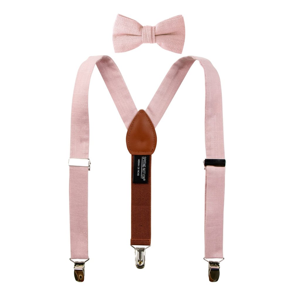 Spring Notion Boys' Linen Blend Suspenders and Bow Tie Set for Kids Toddlers Infants Wedding Ringbearers Rustic, Rose Large