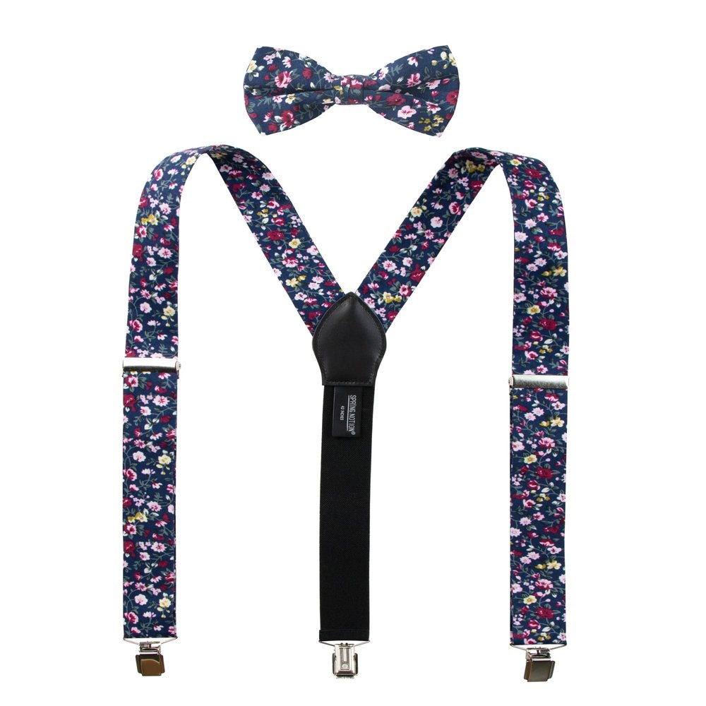 Spring Notion Men's Cotton Floral Suspenders and Bow Tie Set for Groomsmen Wedding Parties, 23-Navy 48 Inch
