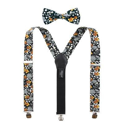 Spring Notion Men's Cotton Floral Suspenders and Bow Tie Set for Groomsmen Wedding Parties, 41-Black/Mustard 42 Inch