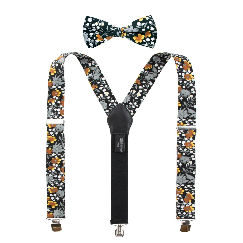 Spring Notion Men's Cotton Floral Suspenders and Bow Tie Set for Groomsmen Wedding Parties, 41-Black/Mustard 42 Inch