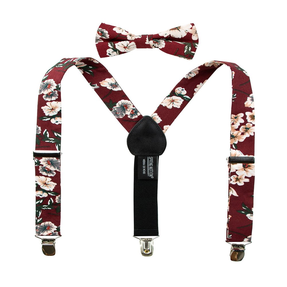 Spring Notion Boys' Cotton Floral Suspenders and Bow Tie Set For Kids Toddlers Infants, 37-Burgundy Large