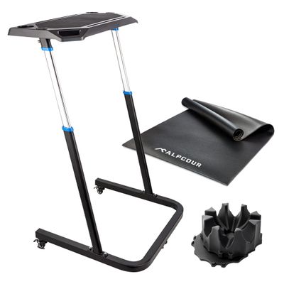 Alpcour Multipurpose 36"x78" Bike Trainer Mat  with Portable Multi-Tasking Bike Trainer Fitness Desk  with 4-Tier Riser Block for Front Wheel with Anti-Skid Design