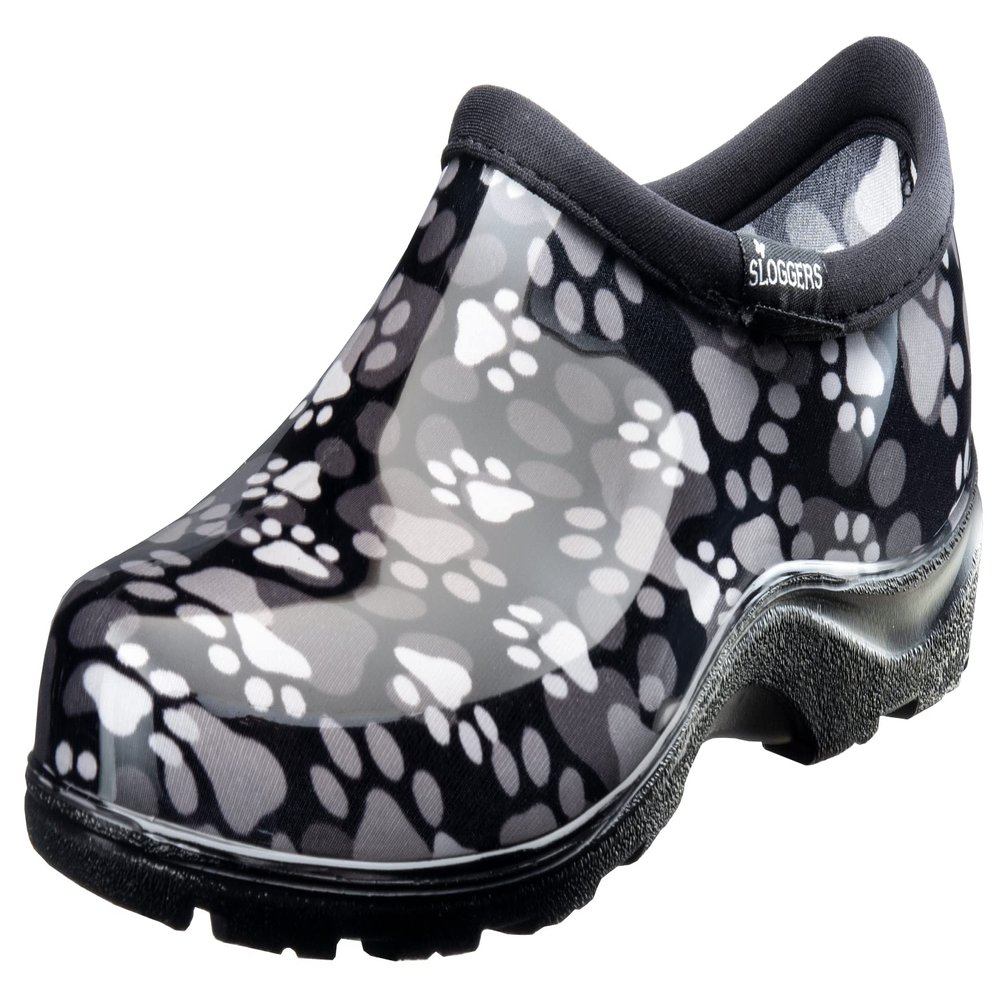 Sloggers Original Waterproof Rain and Garden Shoe for Women Outdoor Slip-On Garden Clog - Made in The USA with Premium Comfort Insole and Arch Support - Paw Print Black/White, Size 9