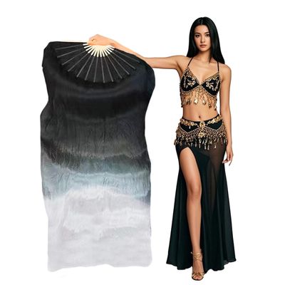 Aumulen Women 1 Piece Hand-made Real Silk Long Belly Dance Fan Veils(Right Hand Only) (Black white)