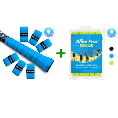 ALIEN PROS 18 Pack Blue & Neon Yellow Tennis Racket Grip Tape  Precut and Light Tac Feel Tennis Grip