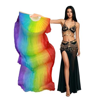 Aumulen Women 1 Piece Hand-made Real Silk Long Belly Dance Fan Veils(Right Hand Only) (Vertical rainbow)