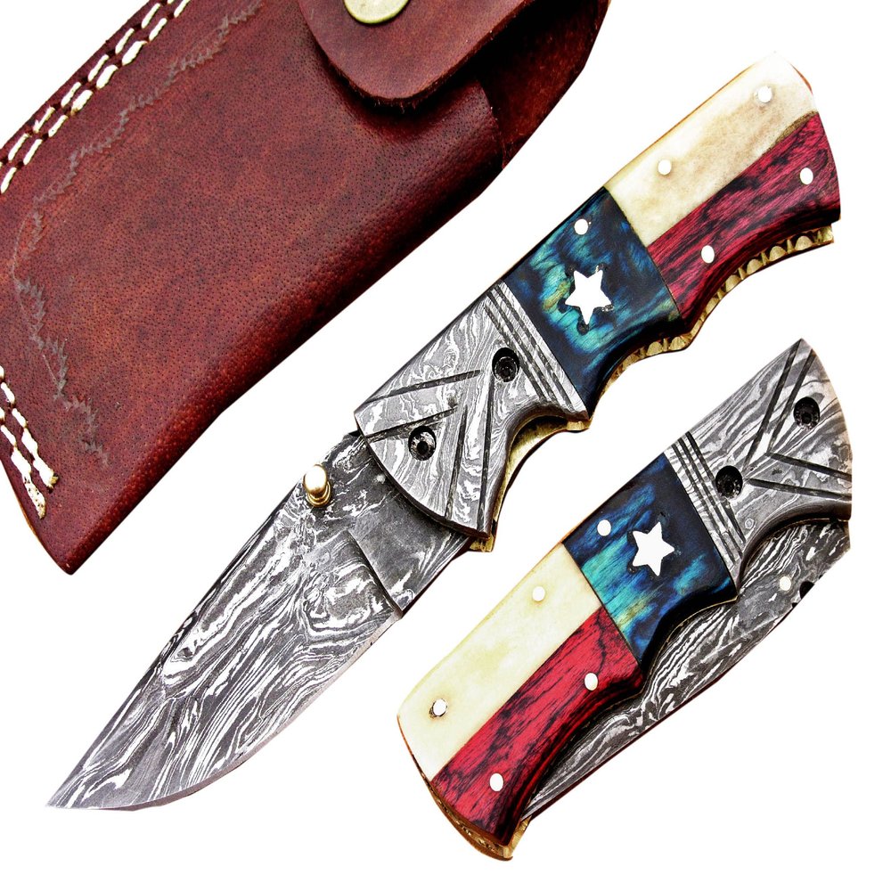 Custom handmade Damascus Steel, Micarta, Camel Bone folding knife