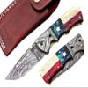 Custom handmade Damascus Steel, Micarta, Camel Bone folding knife view 1
