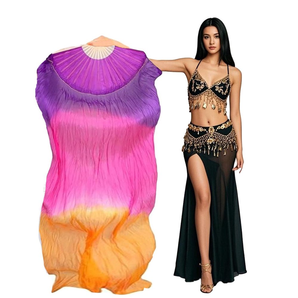 Aumulen Women 1 Piece Hand-made Real Silk Long Belly Dance Fan Veils(Right Hand Only) (Purple rose orange)