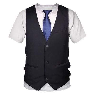 RUNQHUI Men Short Sleeve Fake Suit T Shirt Vest & Tie Funny 3D Printed Tuxedo Shirt Party Clothing Black Large