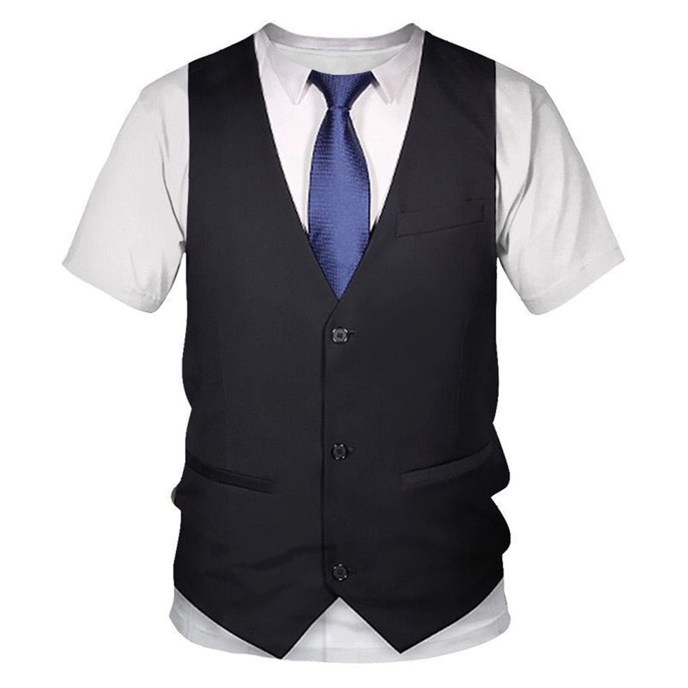 RUNQHUI Men Short Sleeve Fake Suit T Shirt Vest & Tie Funny 3D Printed Tuxedo Shirt Party Clothing Black Large