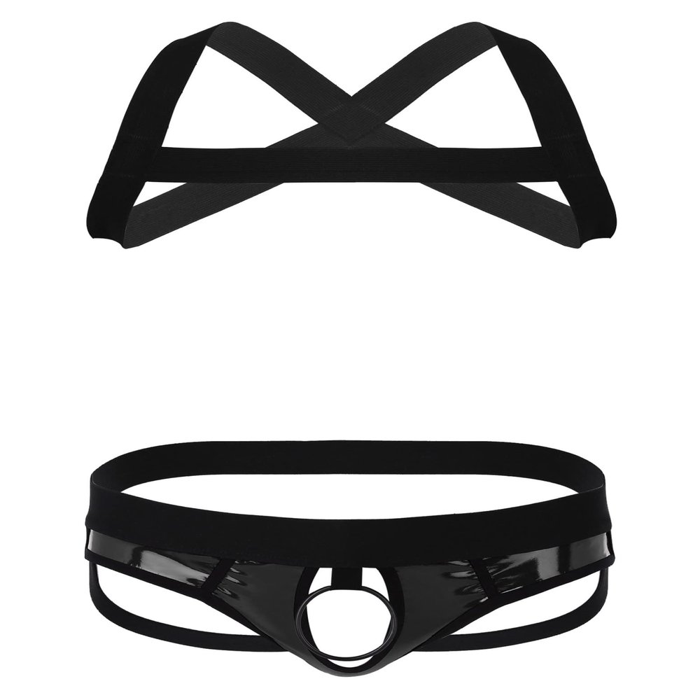 Loloda Mens Sissy Harness Belt X-Shape Back Elastic Shoulder Chest Muscle Top with Briefs Underwear 2#Black Medium