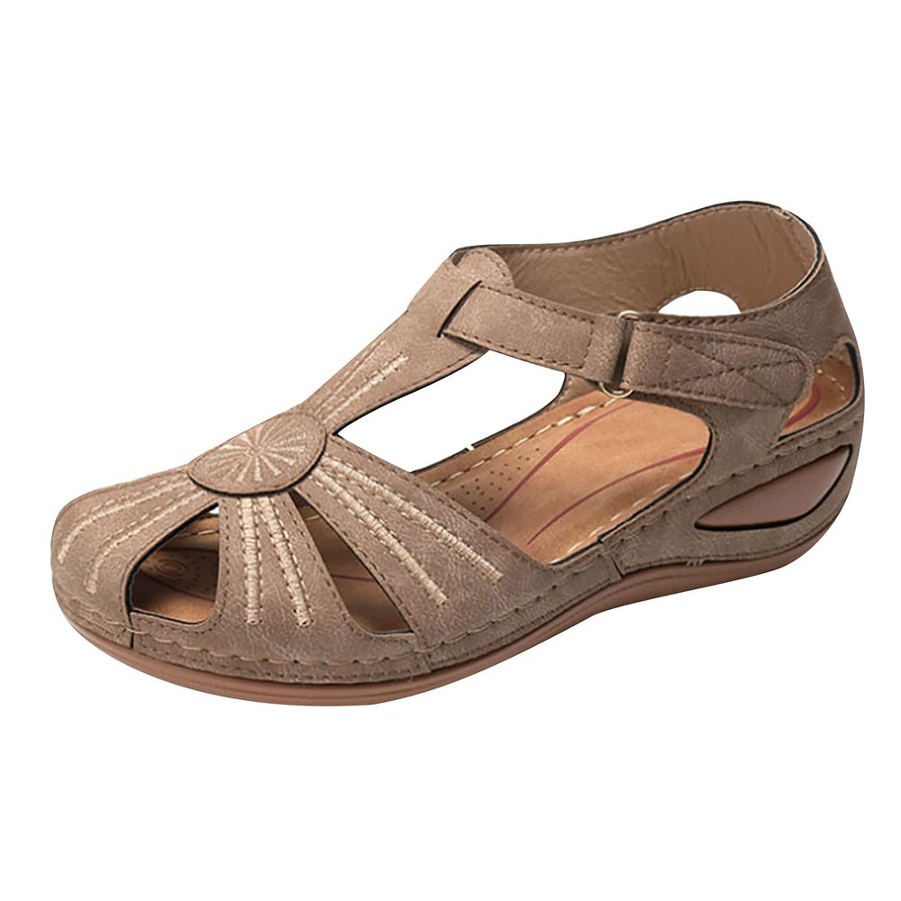 Summer Hollow Sandals for Women Comfortable Wedge Flower Embroidery Round Toe Closed Toe Hook & Loop Buckle Sandals Casual Soft Sole Beach Shoes