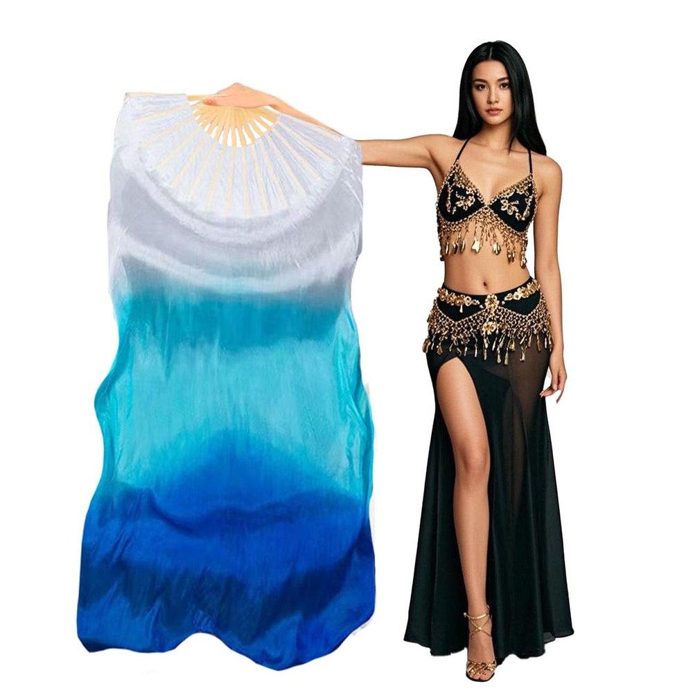 Aumulen Women 1 Piece Hand-made Real Silk Long Belly Dance Fan Veils(Right Hand Only) (White turquoise blue)