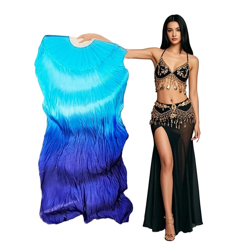 Aumulen Women 1 Piece Hand-made Real Silk Long Belly Dance Fan Veils(Right Hand Only) (Turquoise blue)